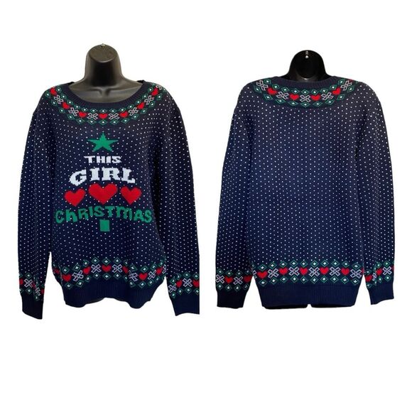 V28 This Girl Loves Christmas Thick Cozy Sweater Blue Sz XXL - Picture 1 of 14